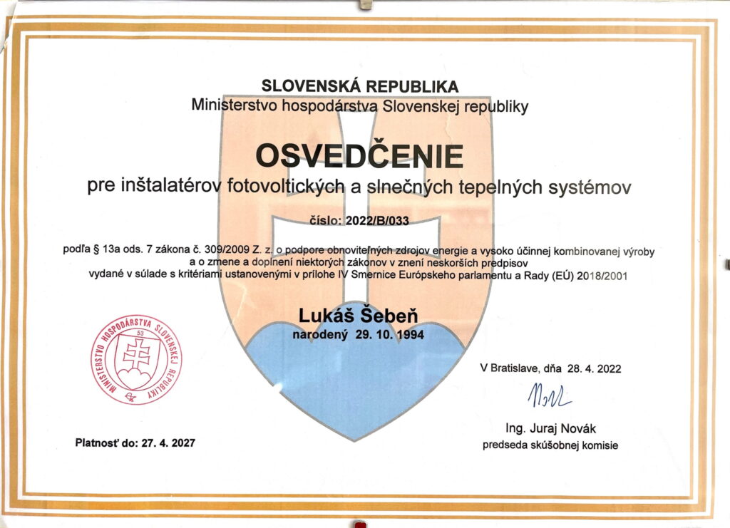 Osvedčenie - fotovoltickycha slnecnych tepelnych systemov